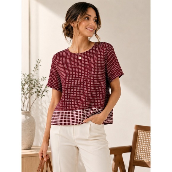 Madewell Tops - Madewell 100% Silk Bow Back Geometric‎ Blouse Burgundy XS